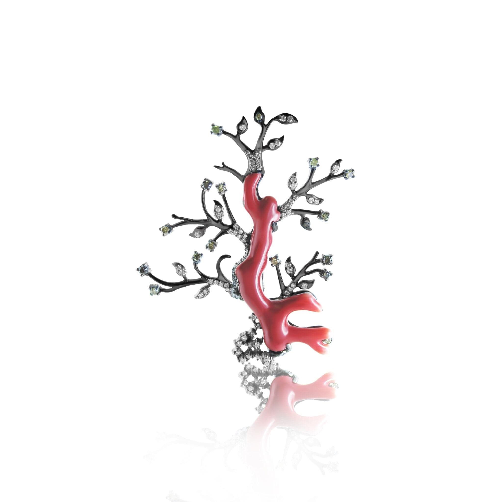 Brooch 18kw gold s/w Natural Coral and natural fancy yellow diamond