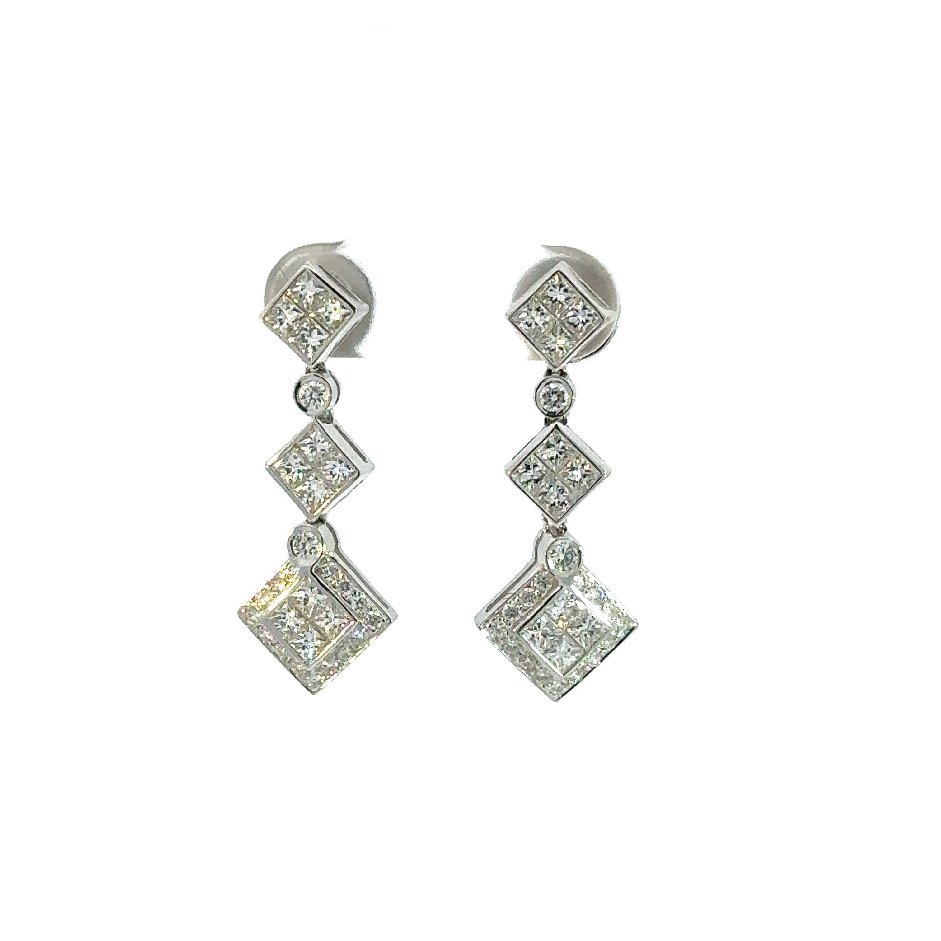 Earrings 18KWGOLD s/w Invisible diamond settings &Round Diamond.